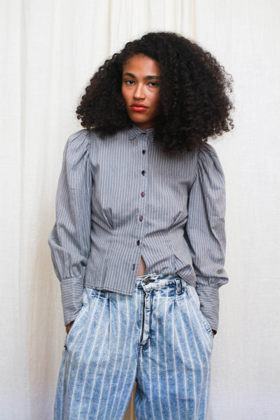 1970s Pinstriped Puff Sleeve Cotton Blouse