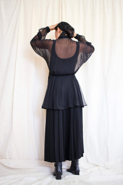 1980s Norma Kamali Sheer Black Peplum Tunic