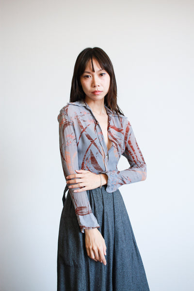 1970s Print Collared Button Up Blouse
