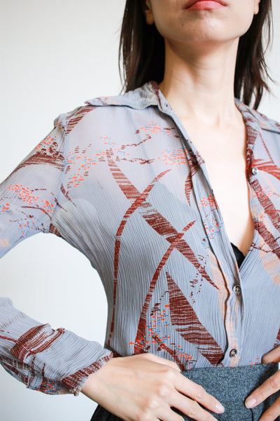 1970s Print Collared Button Up Blouse