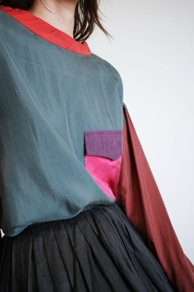 1980s Silk Colorblock Long Sleeve Blouse