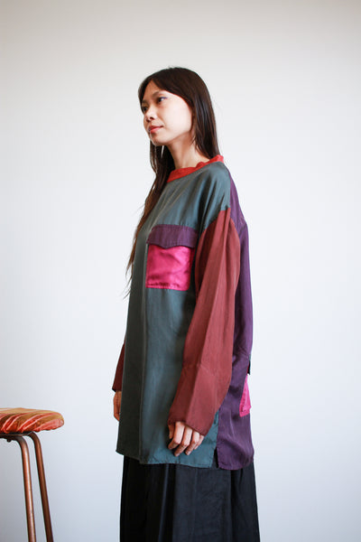 1980s Silk Colorblock Long Sleeve Blouse