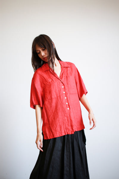 1980s Red Linen Boxy Button Up Blouse