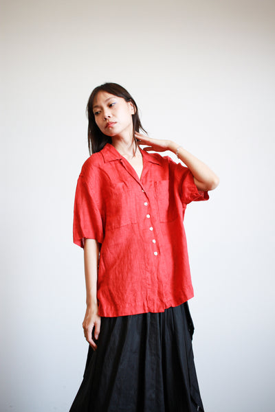 1980s Red Linen Boxy Button Up Blouse