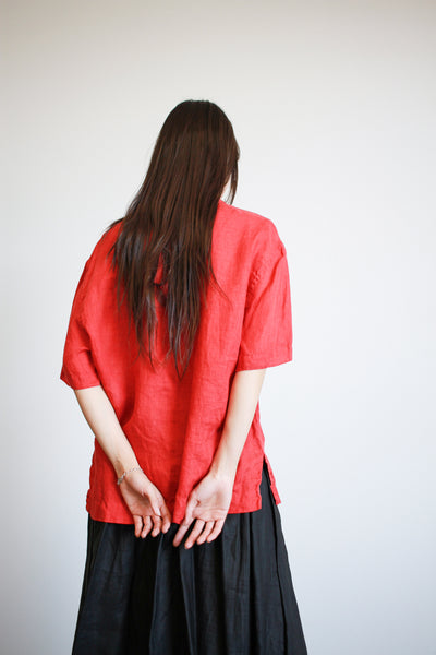 1980s Red Linen Boxy Button Up Blouse