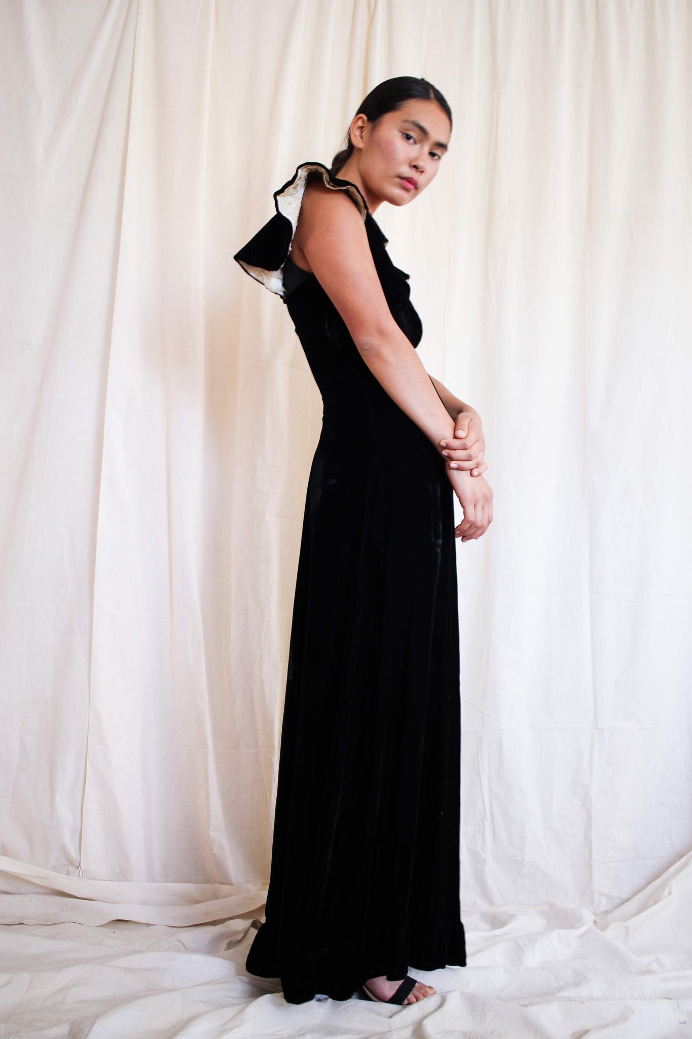 1930s Black Velvet Cape Sleeve Gown