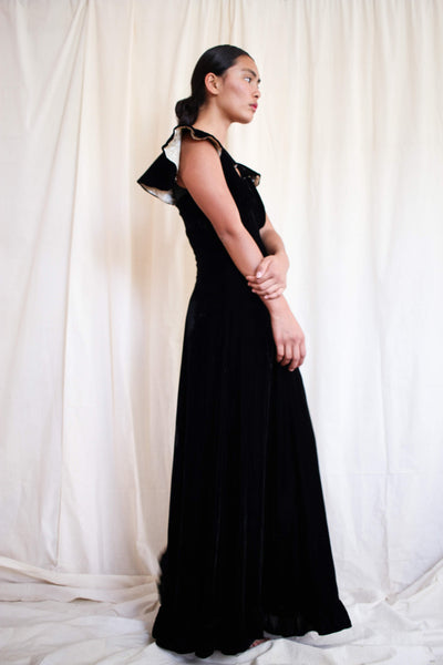 1930s Black Velvet Cape Sleeve Gown