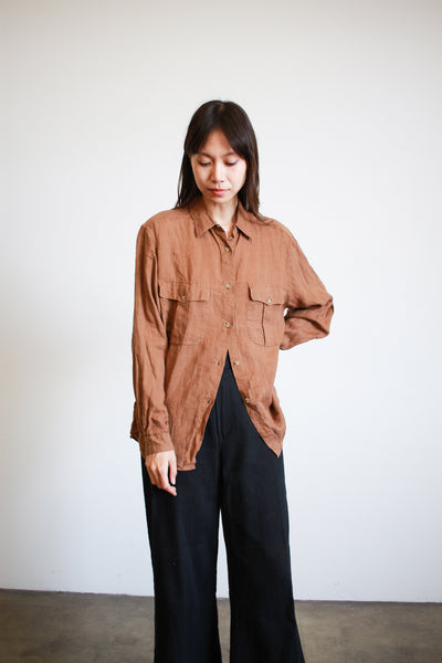1990s Brown Boxy Linen Button Up