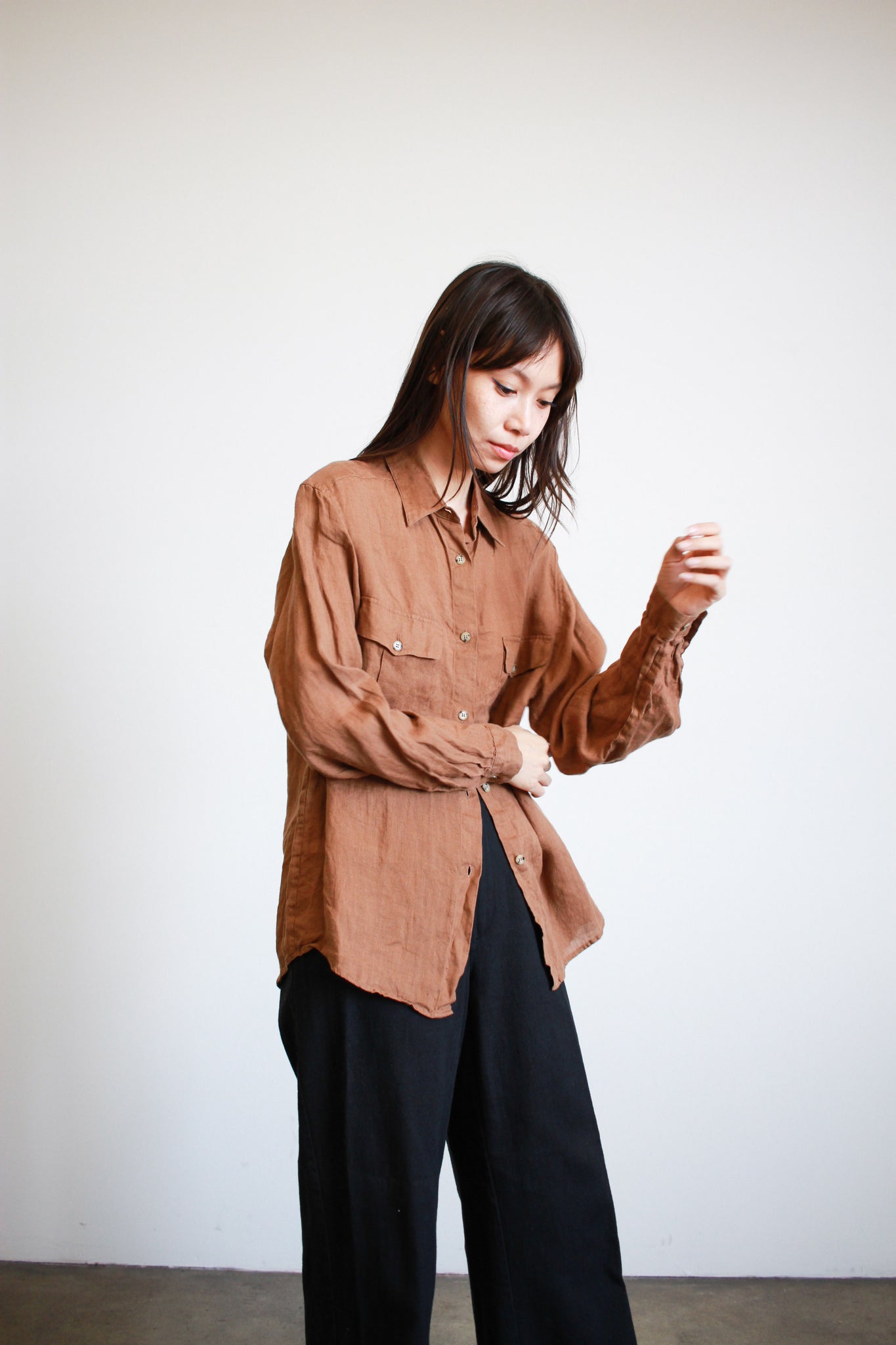 1990s Brown Boxy Linen Button Up