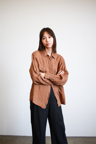 1990s Brown Boxy Linen Button Up