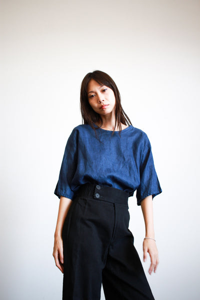 1980s Indigo Blue Linen Boxy Blouse