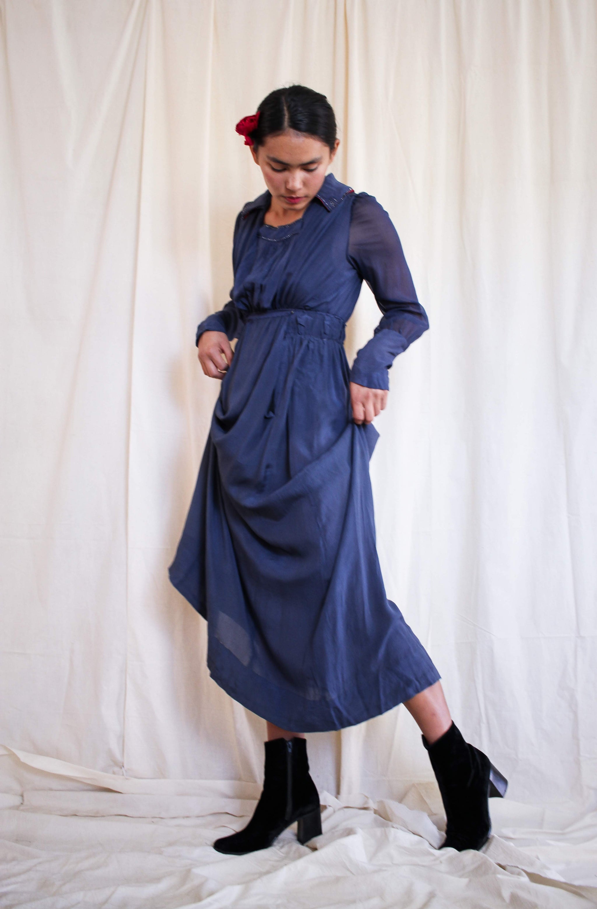 sapphire blue chiffon dress Edwardian Sheer Bra size Bust Waist Size:Slim Fit, M Women's Casual Summer Dress Partnership-products