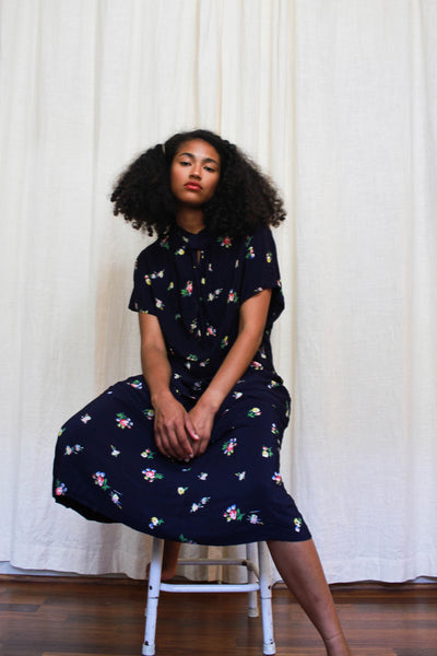 1940s Blue Floral Rayon Crepe Dress