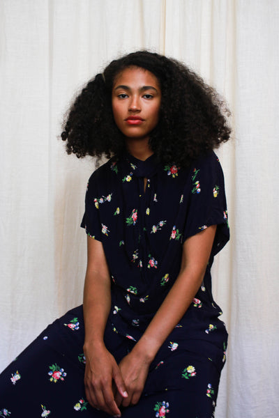 1940s Blue Floral Rayon Crepe Dress