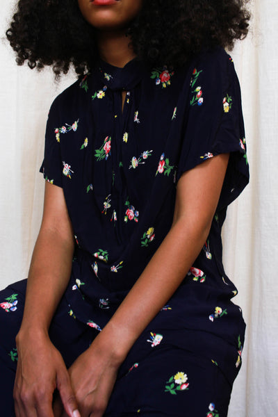 1940s Blue Floral Rayon Crepe Dress