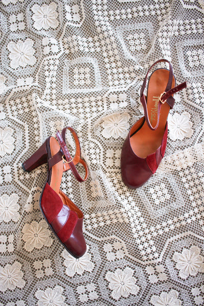 1940s Raspberry Suede Strap Heels | 8.5