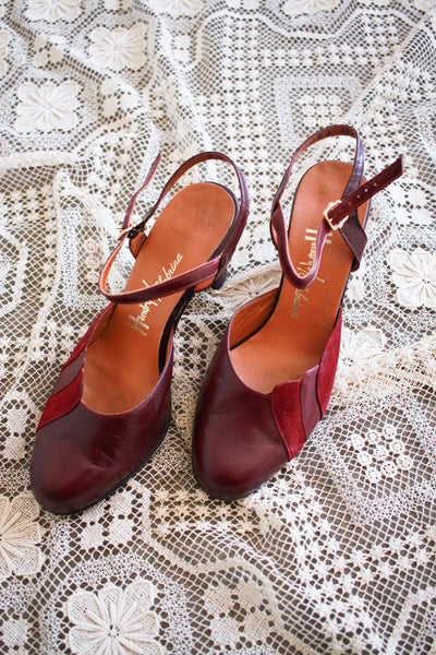 1940s Raspberry Suede Strap Heels | 8.5