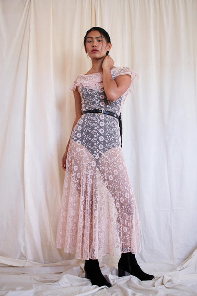 1930s Alencon Lace Pink Dress