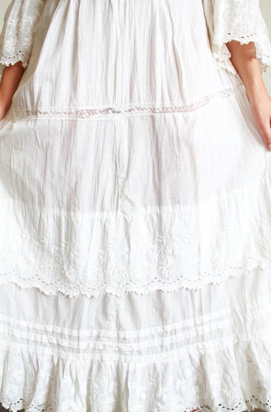 Edwardian White Cotton Embroidered Lawn Dress