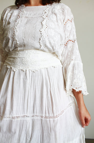 Edwardian White Cotton Embroidered Lawn Dress