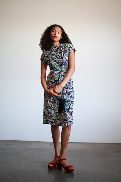 1940s Navy Multicolor Tropical Print Rayon Dress w/ Fringe