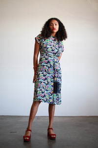 1940s Navy Multicolor Tropical Print Rayon Dress w/ Fringe