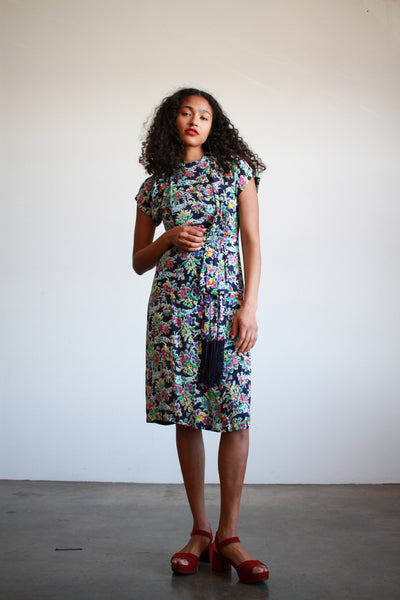 1940s Navy Multicolor Tropical Print Rayon Dress w/ Fringe