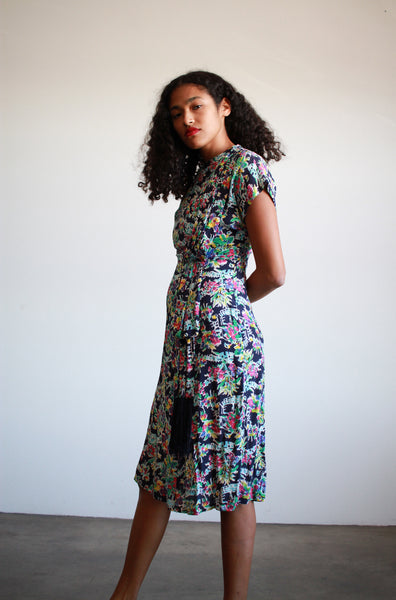 1940s Navy Multicolor Tropical Print Rayon Dress w/ Fringe