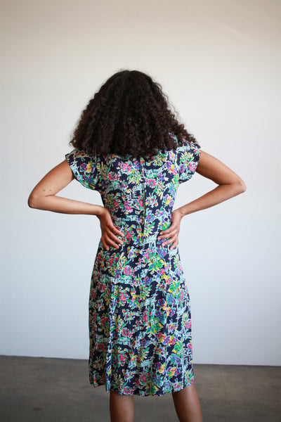 1940s Navy Multicolor Tropical Print Rayon Dress w/ Fringe