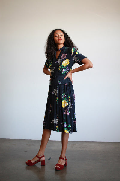 1940s Navy Floral Print Rayon Midi Dress