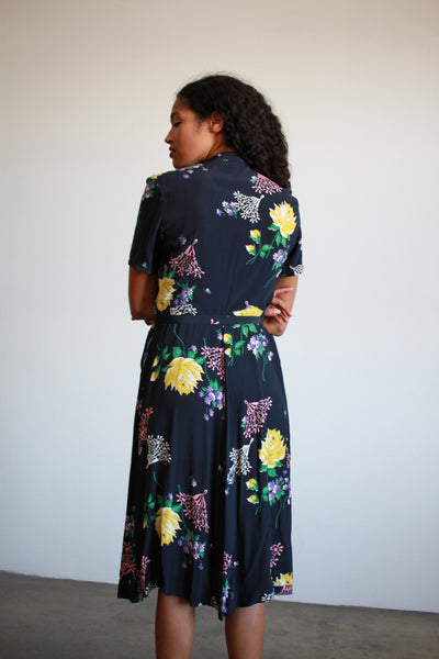 1940s Navy Floral Print Rayon Midi Dress