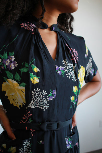 1940s Navy Floral Print Rayon Midi Dress