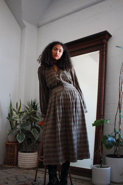 1970s Been Bag Olive Wool Striped Skirt Set