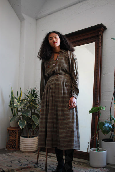 1970s Been Bag Olive Wool Striped Skirt Set