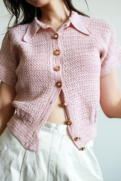 1930s Petal Pink Glitter Crochet Button Up Blouse