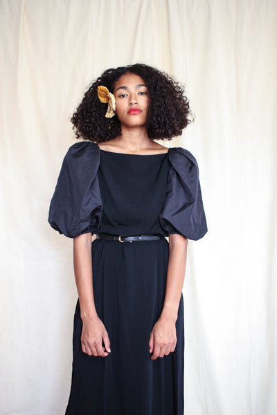 1970s Rayon Puff Sleeve Black Dress