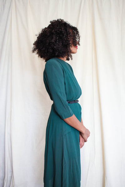 1940s Forest Green Draped Rayon Dress