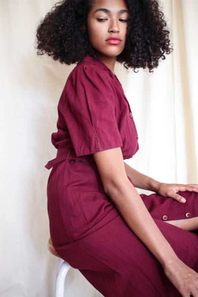 1940s Maroon Studded Cotton Day Dress