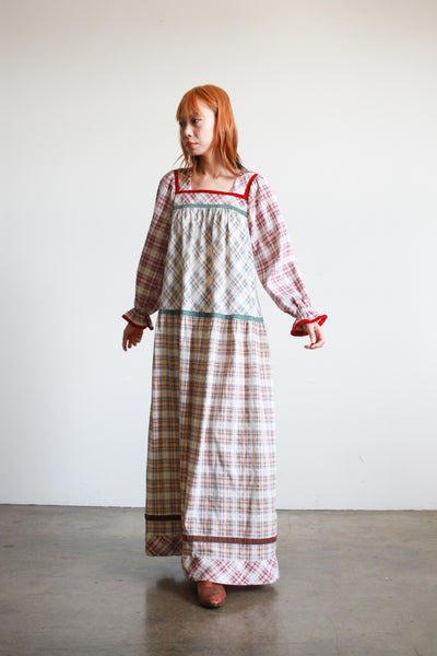 1970s Cotton Mixed Plaid Patchwork Maxi Dress