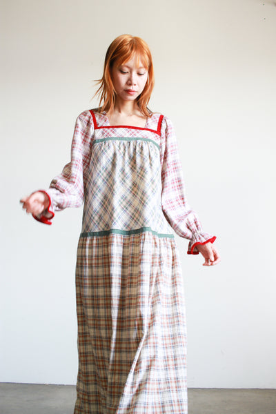 1970s Cotton Mixed Plaid Patchwork Maxi Dress