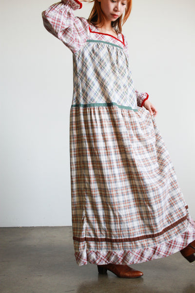 1970s Cotton Mixed Plaid Patchwork Maxi Dress