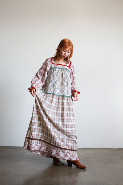 1970s Cotton Mixed Plaid Patchwork Maxi Dress