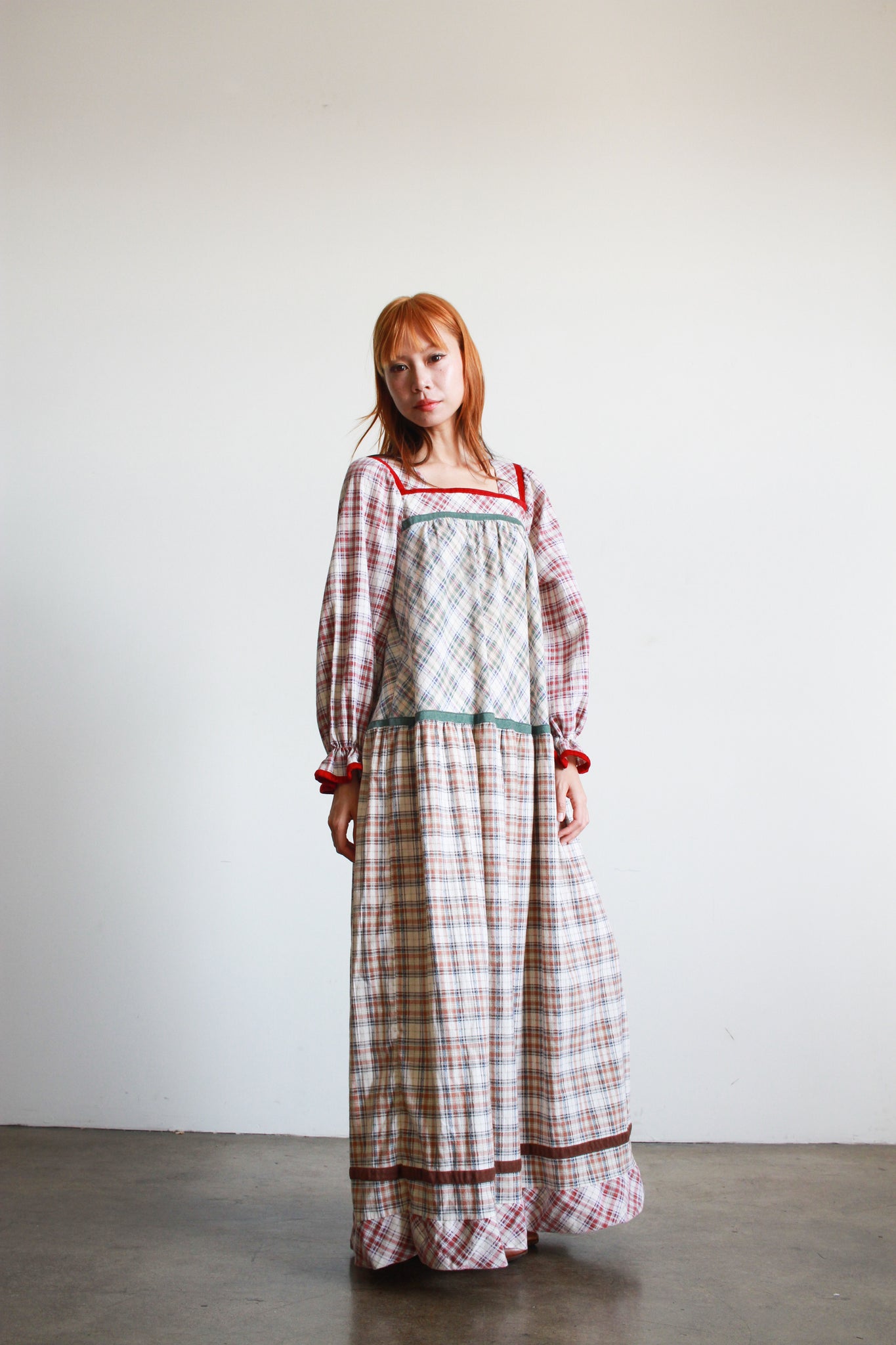 1970s Cotton Mixed Plaid Patchwork Maxi Dress