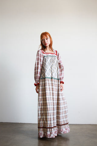 1970s Cotton Mixed Plaid Patchwork Maxi Dress
