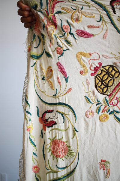 1930s Silk Cream Embroidered Piano Shawl