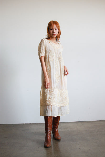 1910s Edwardian Ecru Soutache Cotton Voile Dress