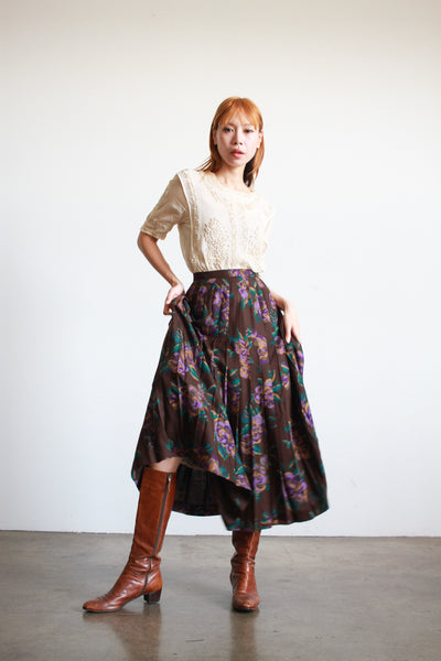 1980s Chocolate Floral Print Pleated Skirt