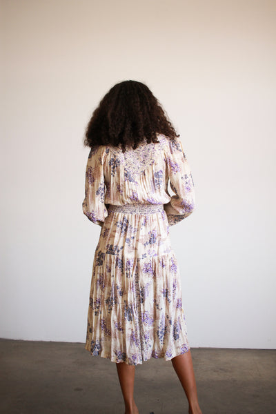 1970s Violet Floral Print Rayon Dress