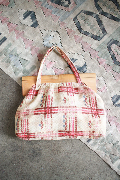 1950s Pink Geometric Woven CottonHandbag