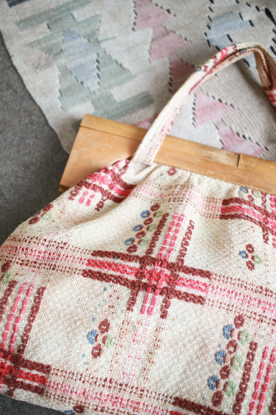 1950s Pink Geometric Woven CottonHandbag